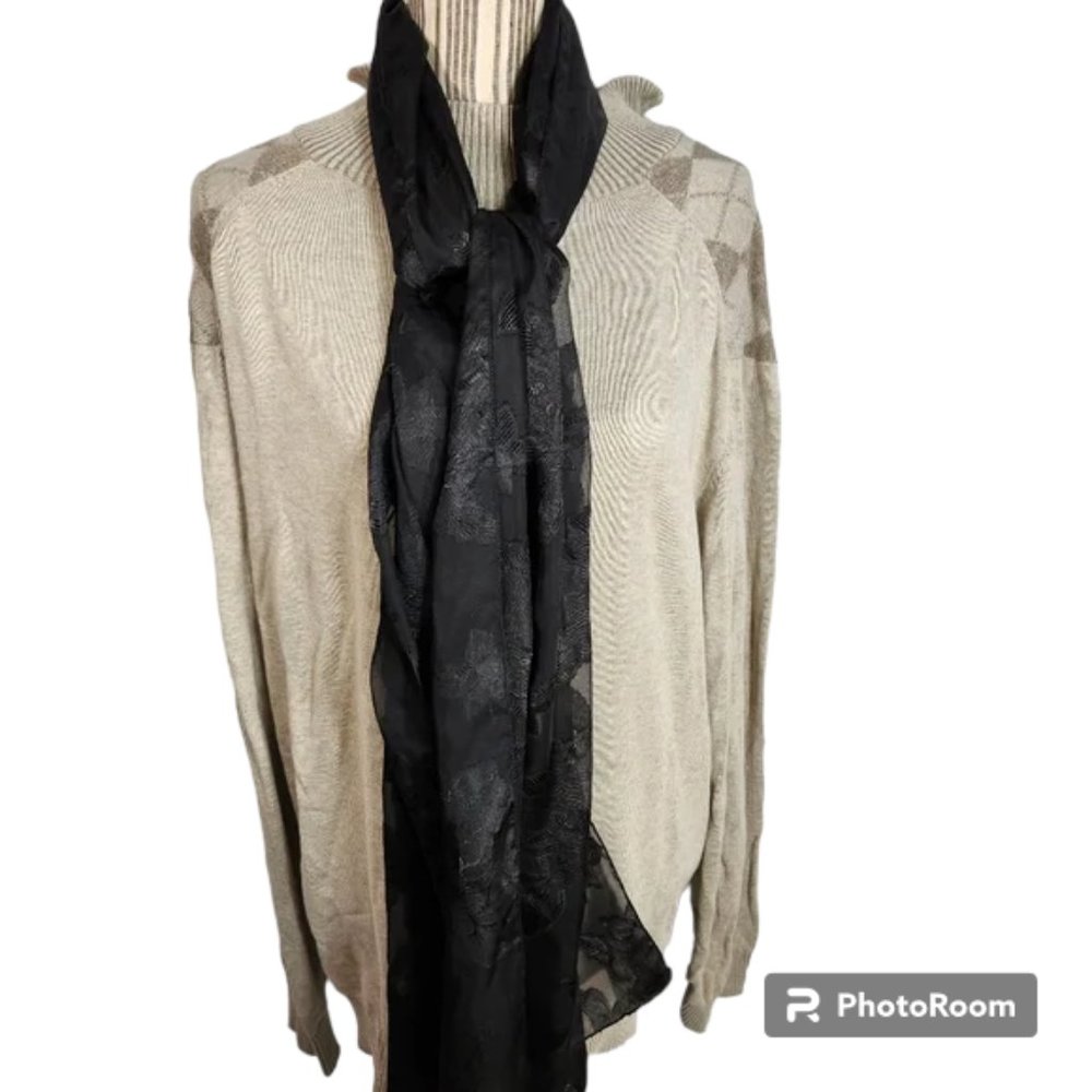 Designer Black w/ Black Floral Print Head or Neck Scarf